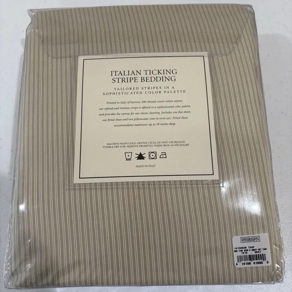Restoration Hardware Italian Ticking Stripe King Sheet Set Beige Cotton Sateen